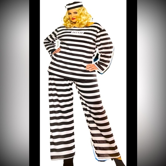 NEW black White Stripe Prisoner Lawless Lady Jailbreaker Costume Adult PLUS Size - Picture 1 of 16